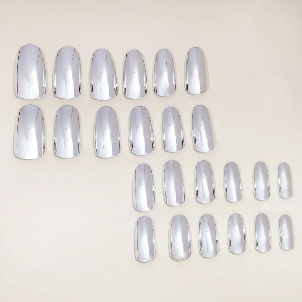 Nailhour 24Pcs Chrome Medium Oval French Press On Nails