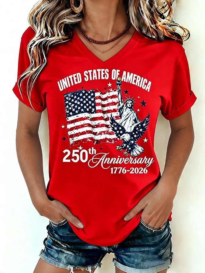 Women's 1776-2026 Statue of Liberty Anniversary Eagle Print V-neck T-shirt