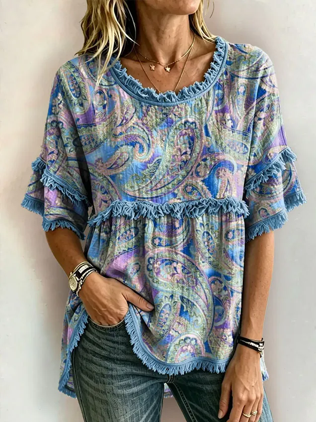Women's Floral Print Round Neck Fringe Top