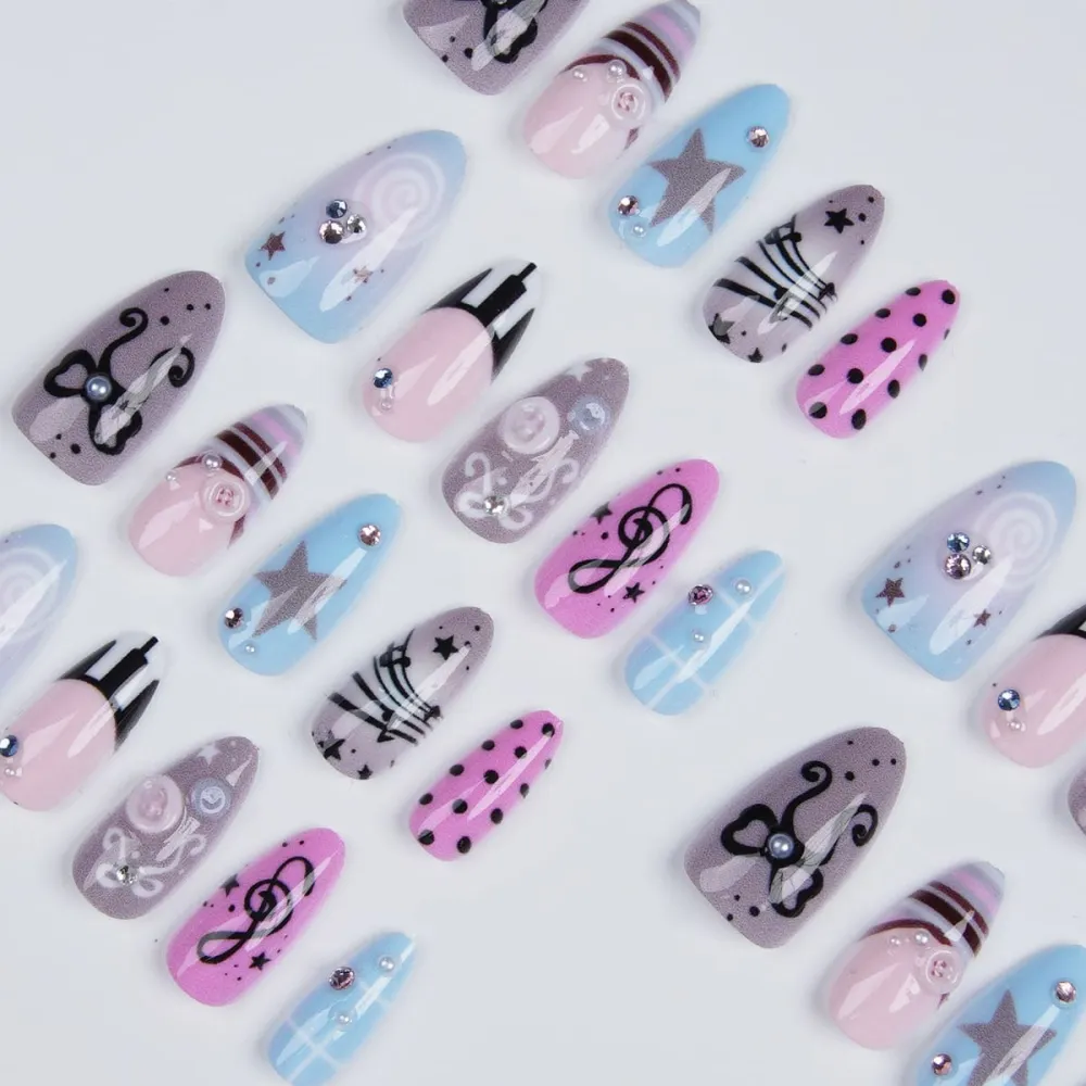 Nailhour 24Pcs Heart Pearl Medium Almond French Press On Nails