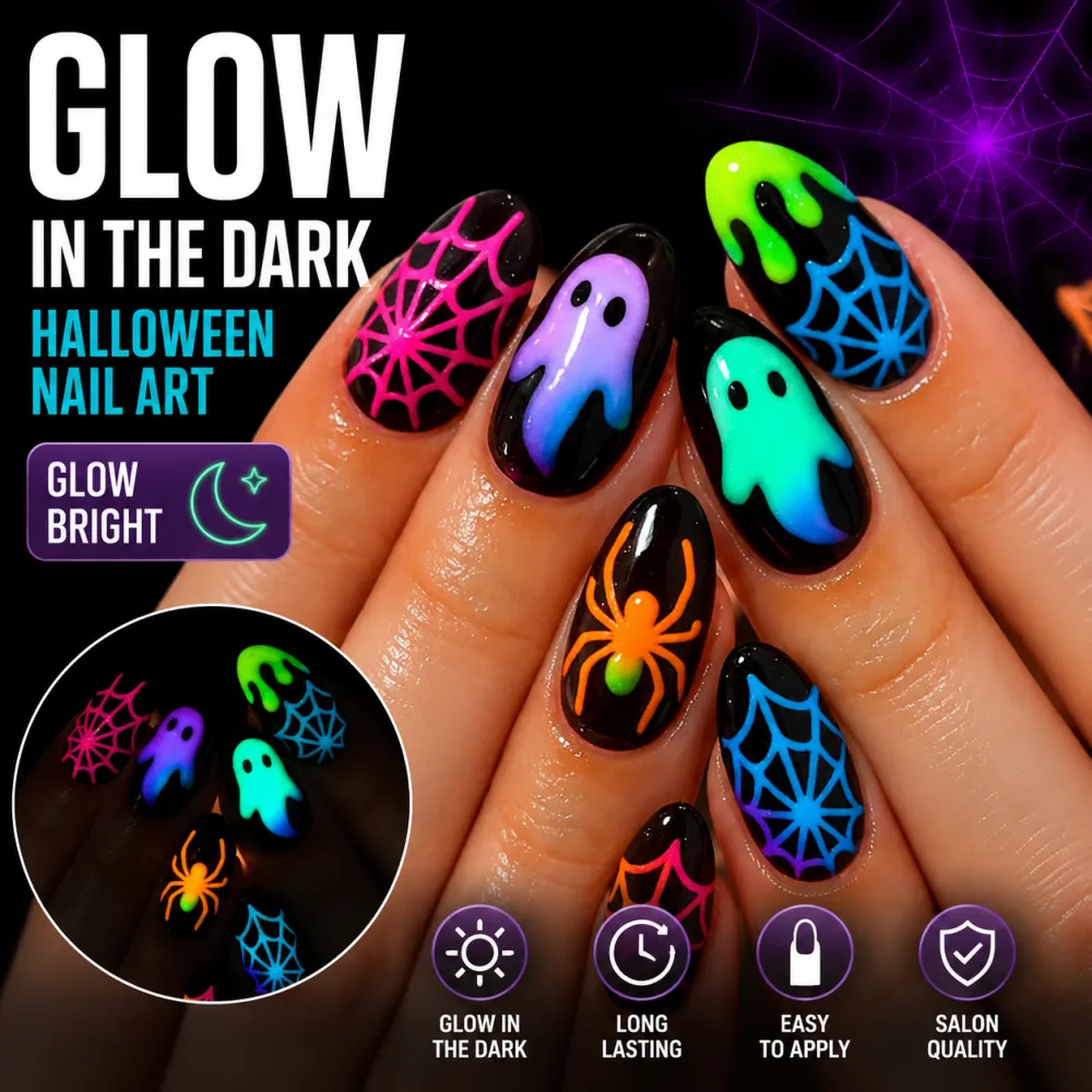 Nailhour 24Pcs Halloween Medium Almond Luminous Ghost Press On Nails