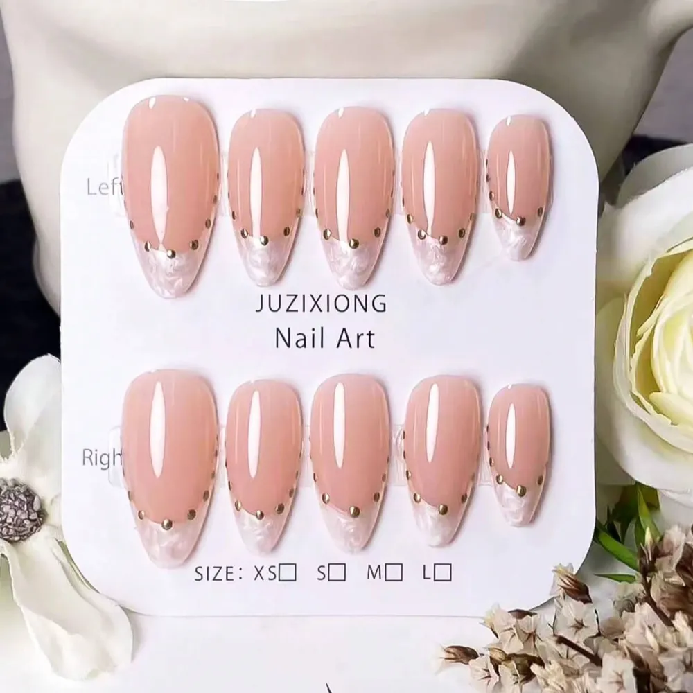Nailhour 10Pcs Handmade French Medium Almond Rhinestone Nude Press On Nails