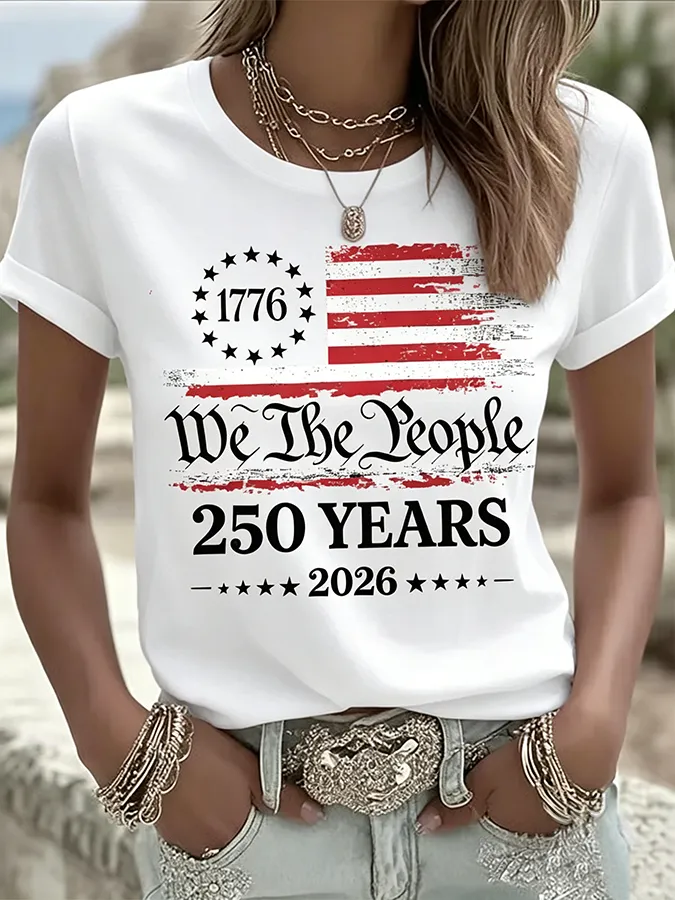 Ladies' Casual American 1776-2026 Anniversary Celebration Print Round Neck T-Shirt