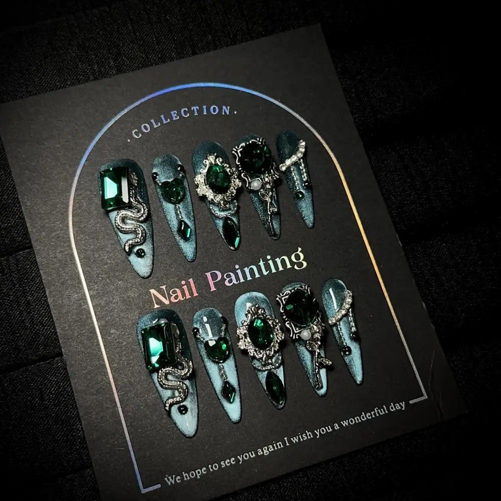 Nailhour 10Pcs Handmade Cat Eye Rhinestone Long Stiletto Press On Nails