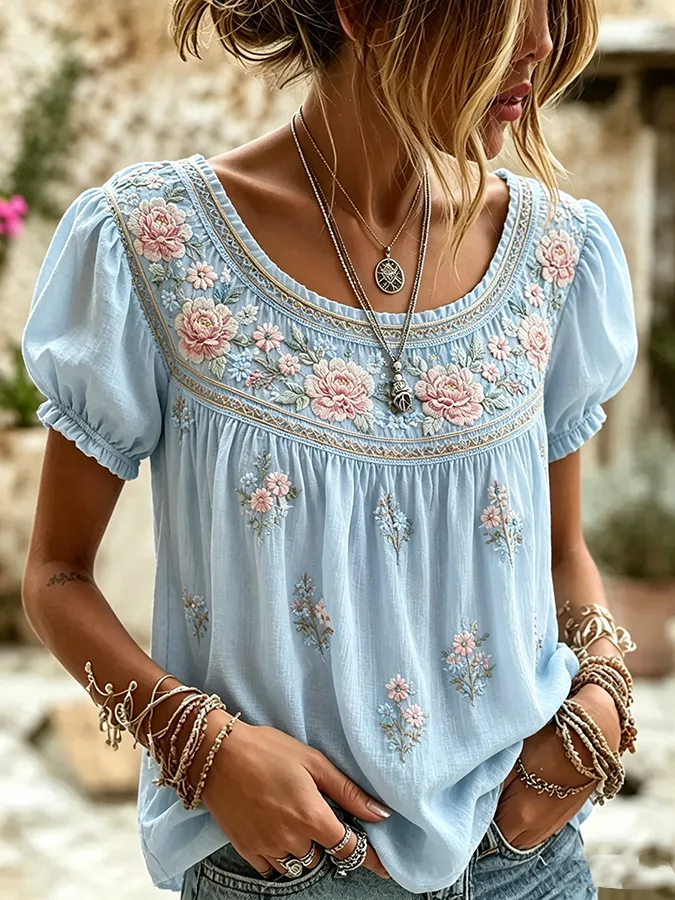 Women's Boho Floral Patchwork Embroidered Puff Sleeve Top