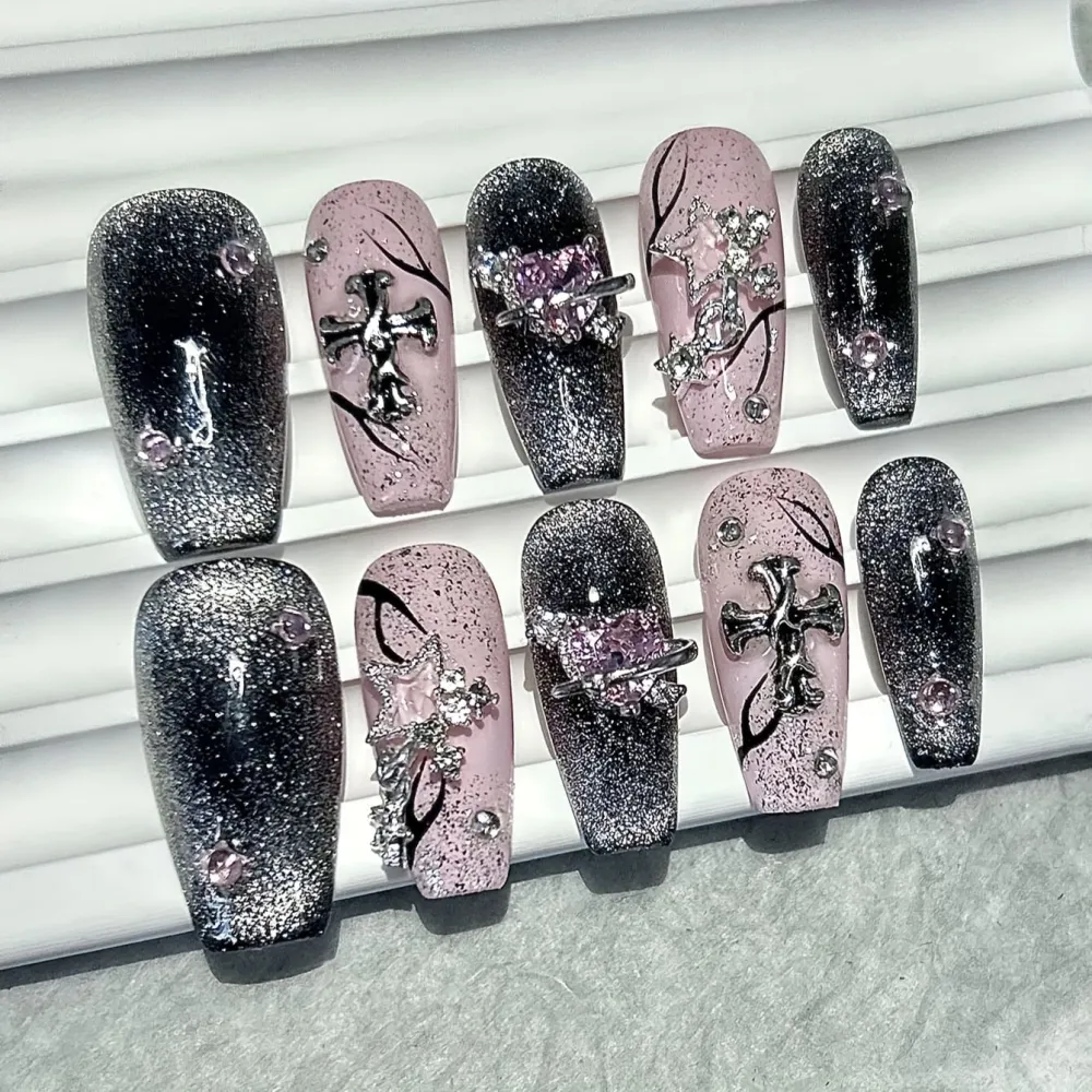 Nailhour 10Pcs Pink Rhinestone Cat Eye 3D Medium Coffin Press On Nails
