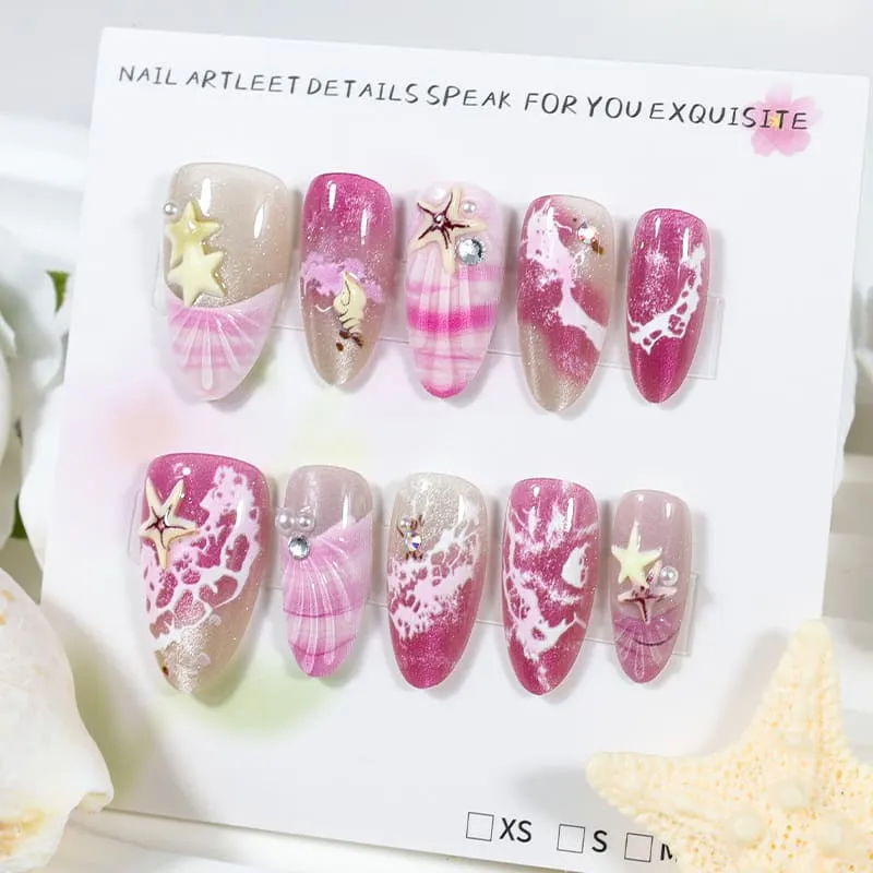 Nailhour 30Pcs Pink Ocean Tones 3D Medium Almond French Press On Nails