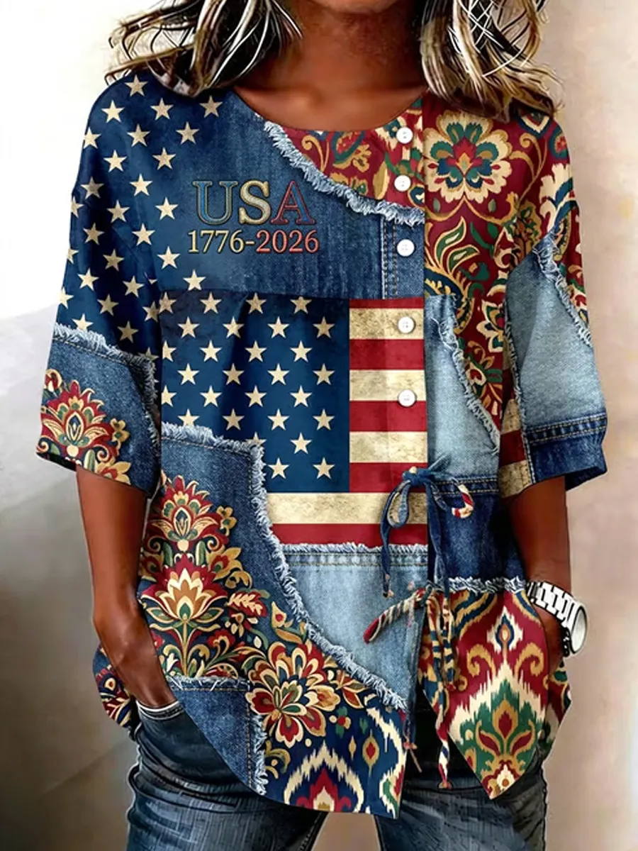 Women'S Retro American Flag Art Round Neck Button Up Shirt