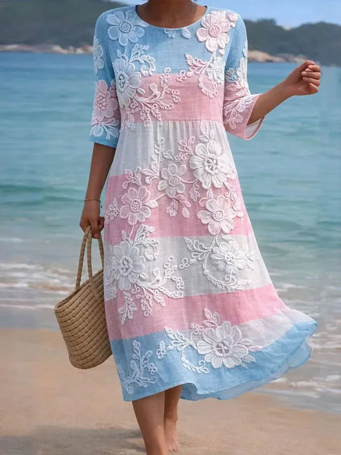 Women'S Floral Printed Cotton And Linen Dress