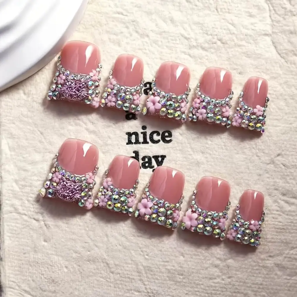 Nailhour 10Pcs French Short Duck 3D Handmade Barbie Glitz Press On Nails