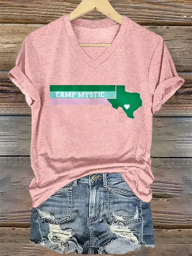 Women's Retro Camp Mystic Pink And Green Texas Strong Print T-Shirt