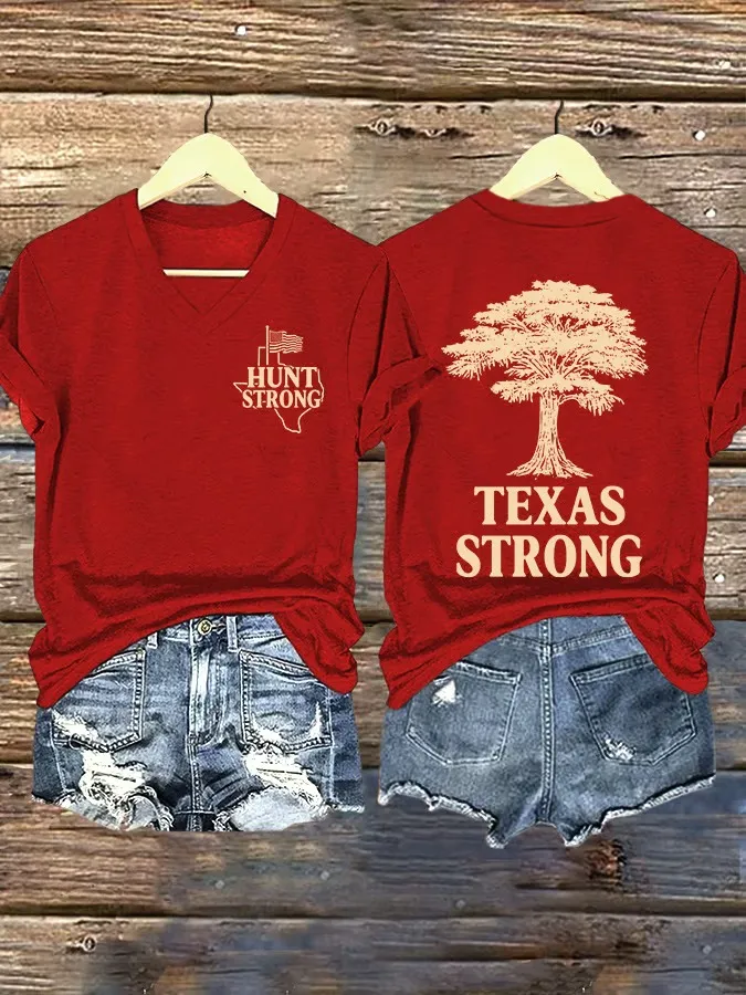 V Neck Retro Texas Strong Hunt Strong Print T-Shirt