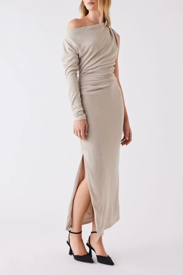 Beige One - Shoulder Ruched Maxi Dress