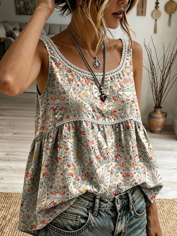 Women's Ethnic Floral-print Artistic Lace Crew-neck Tank Top