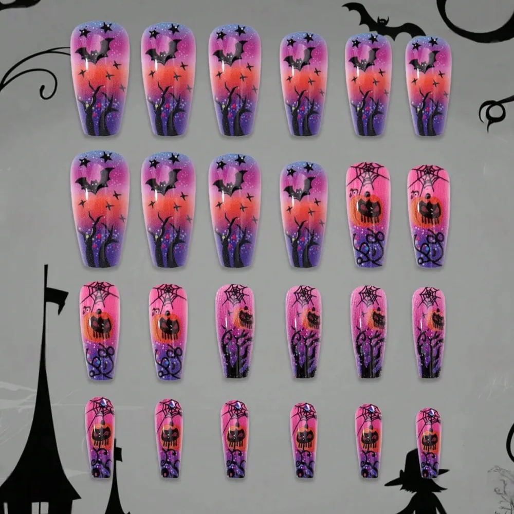 Nailhour 24Pcs Halloween Purple Glitter Medium Square Press On Nails