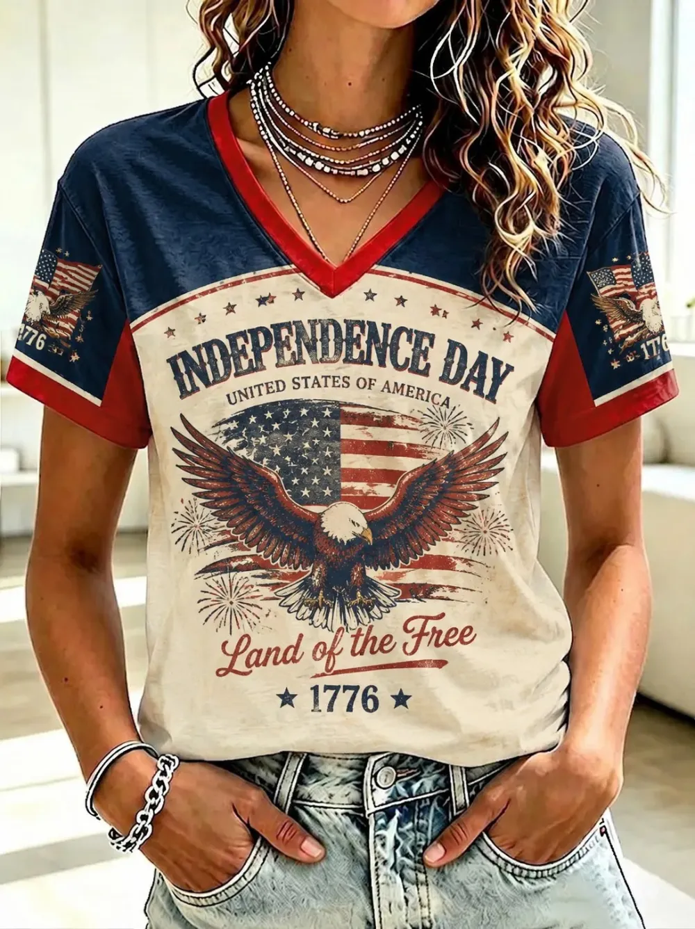 Ladies' Casual 250Th Anniversary Celebration Of The Founding Of The United States, Personalized Print Splicing V-Neck Short Sleeved T-Shirt
