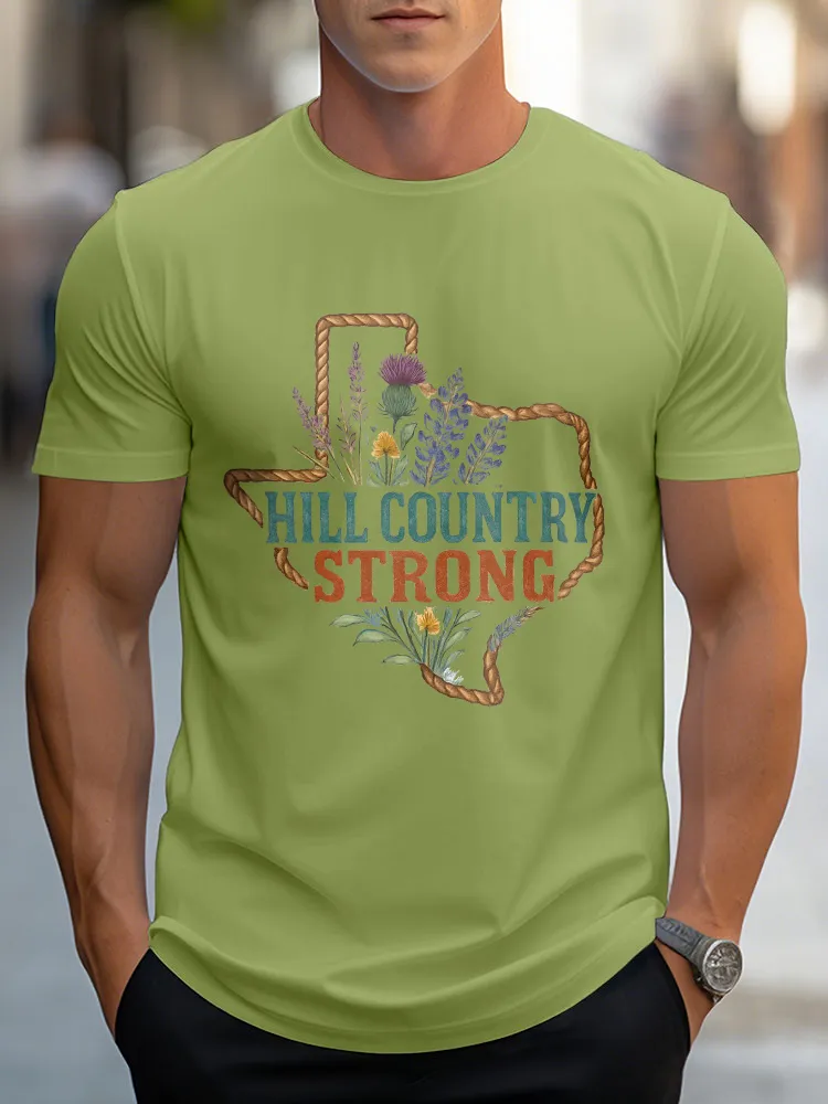 Men'S Casual Style HILL COUNTRY STRONG Round Neck Slim Fit T-Shirt