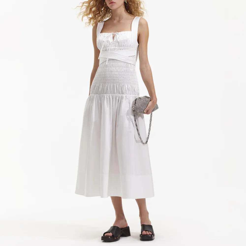 White Cotton Sweetheart Midi Dress