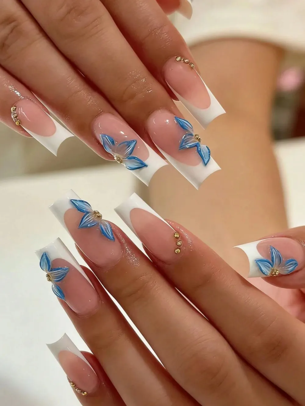 Nailhour 24Pcs French 3D Long Square Press On Nails