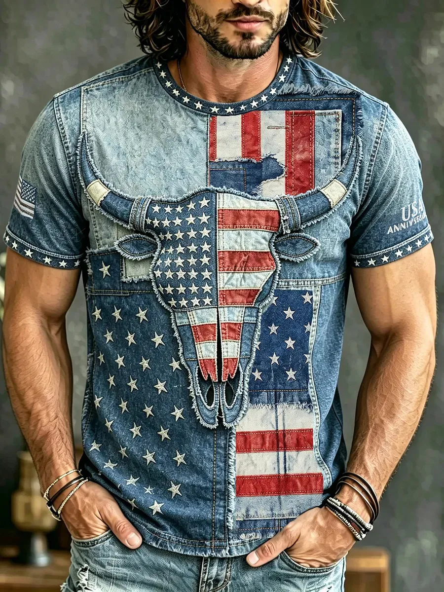 Men's Retro Vintage Western Bull Head With American Flag Pattern Casual T-shirt