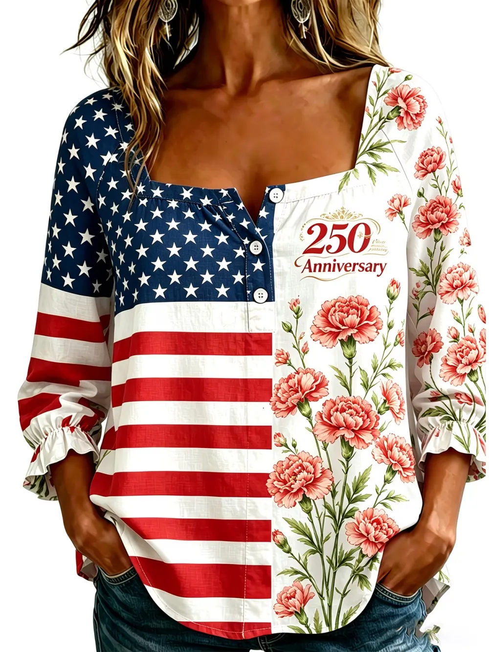 Ladies' Casual American 250Th Anniversary Founding Floral Personalized Printed Square Neck Half Sleeved Top