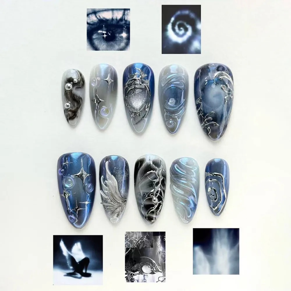 Nailhour 30Pcs Y2K Chrome Medium Almond Press On Nails