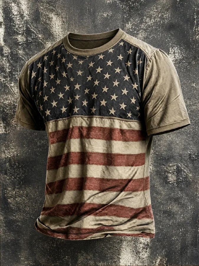 Men's Retro American Flag Printed Casual T-shirt