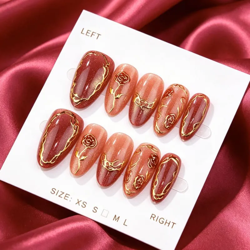 Nailhour 30Pcs Cat Eye Gilded Medium Almond French Press On Nails