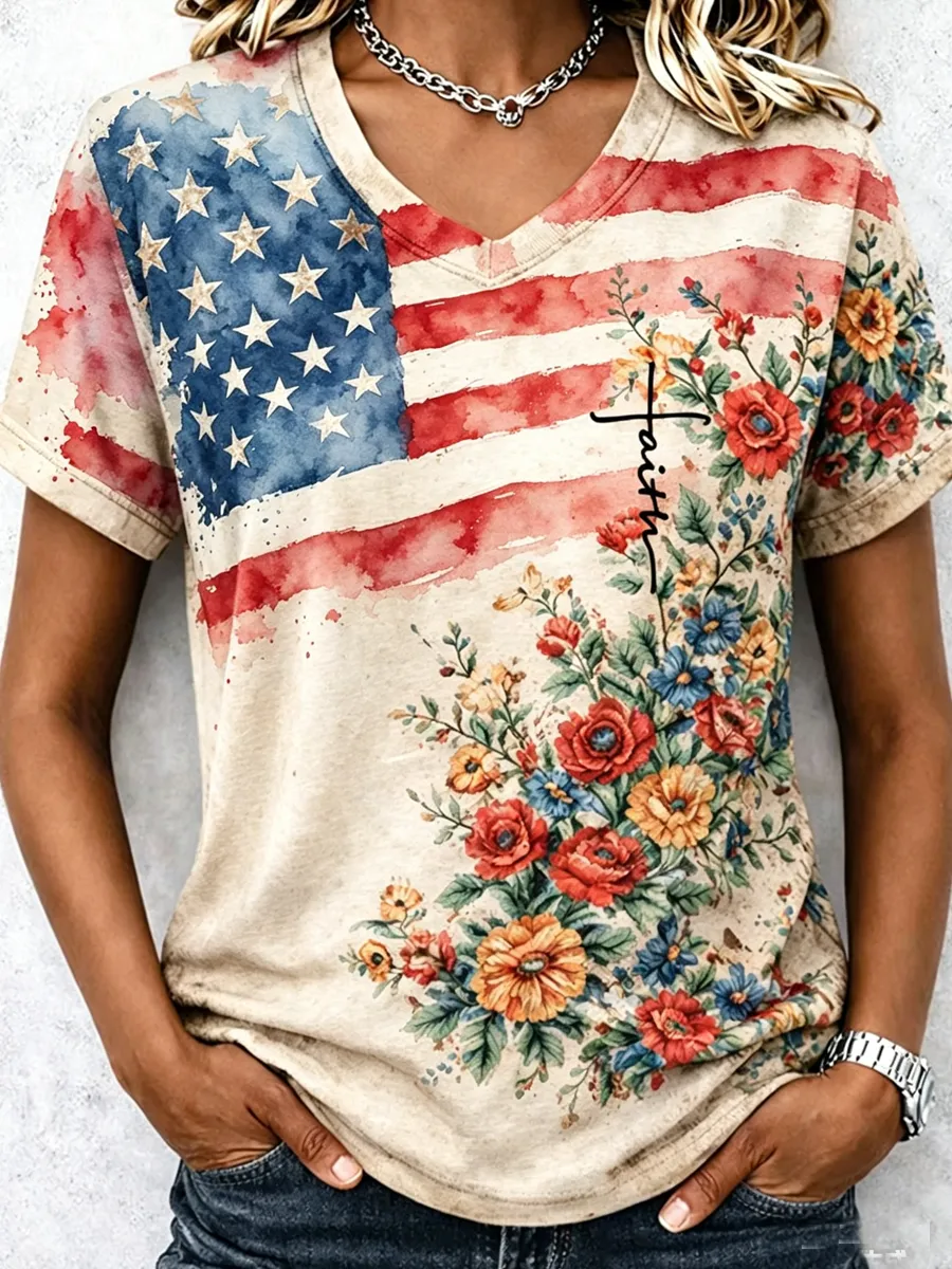 Women's Casual American 250th Anniversary Print V-Neck T-Shirt