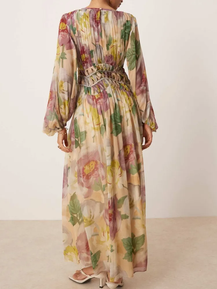 Pleated Floral Boat Neck Dress