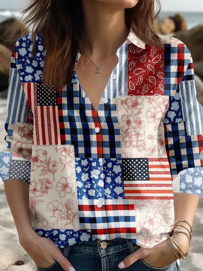 Women'S Retro Floral Patriotic Casual Shirt