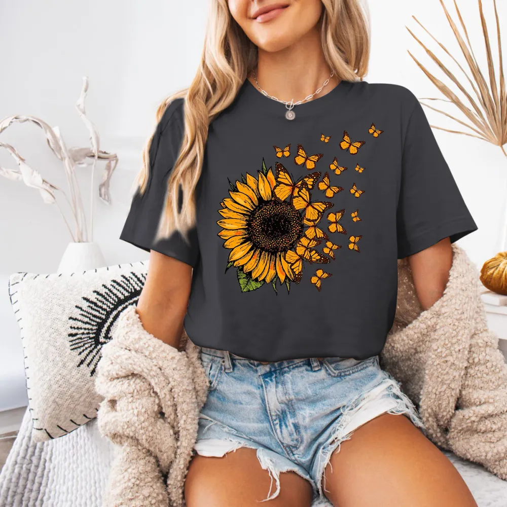 Sunflower And Flying Butterflies Tee