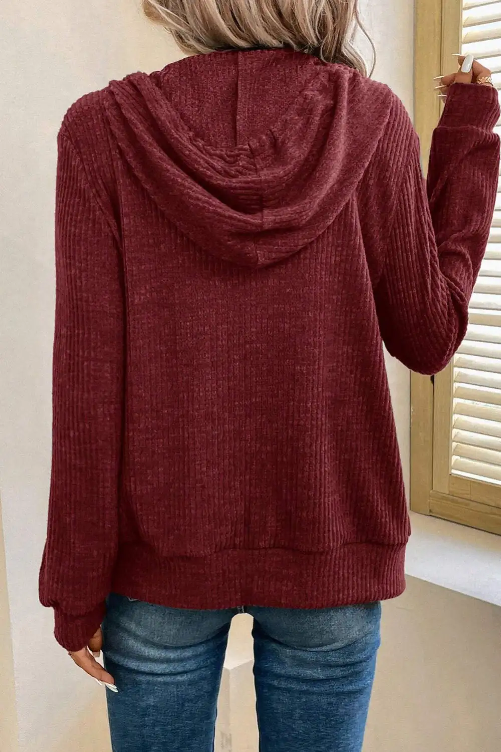 Everyday Ribbed Zip Up Front Drawstring Hoodie