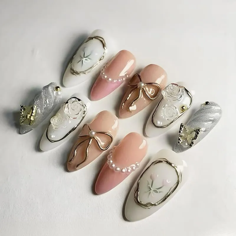 Nailhour 30Pcs Gilded 3D Sweet Medium Almond French Press On Nails