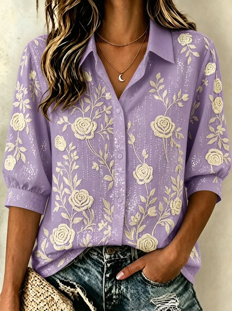 Women's Breast Cancer Awareness Rose Floral Embroidered Printed Shirt
