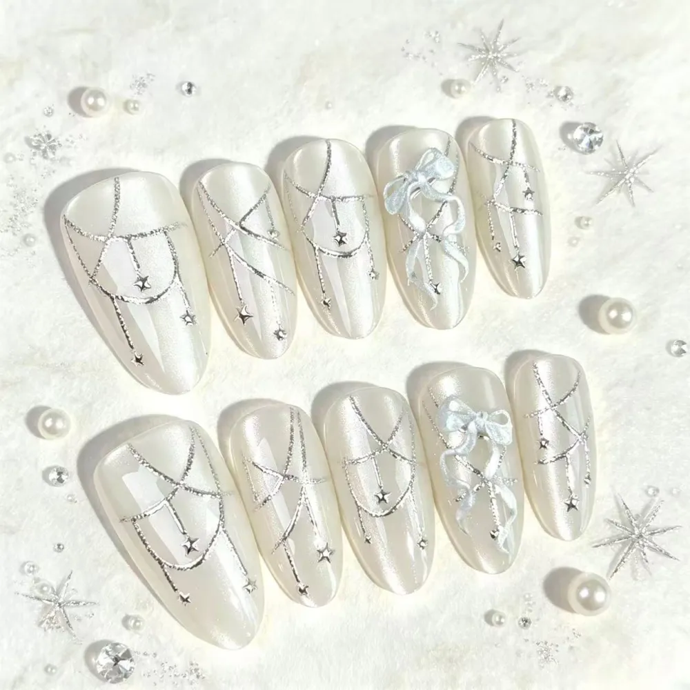 Nailhour 30Pcs White Cat Eye Gilded Medium Almond Cute Press On Nails