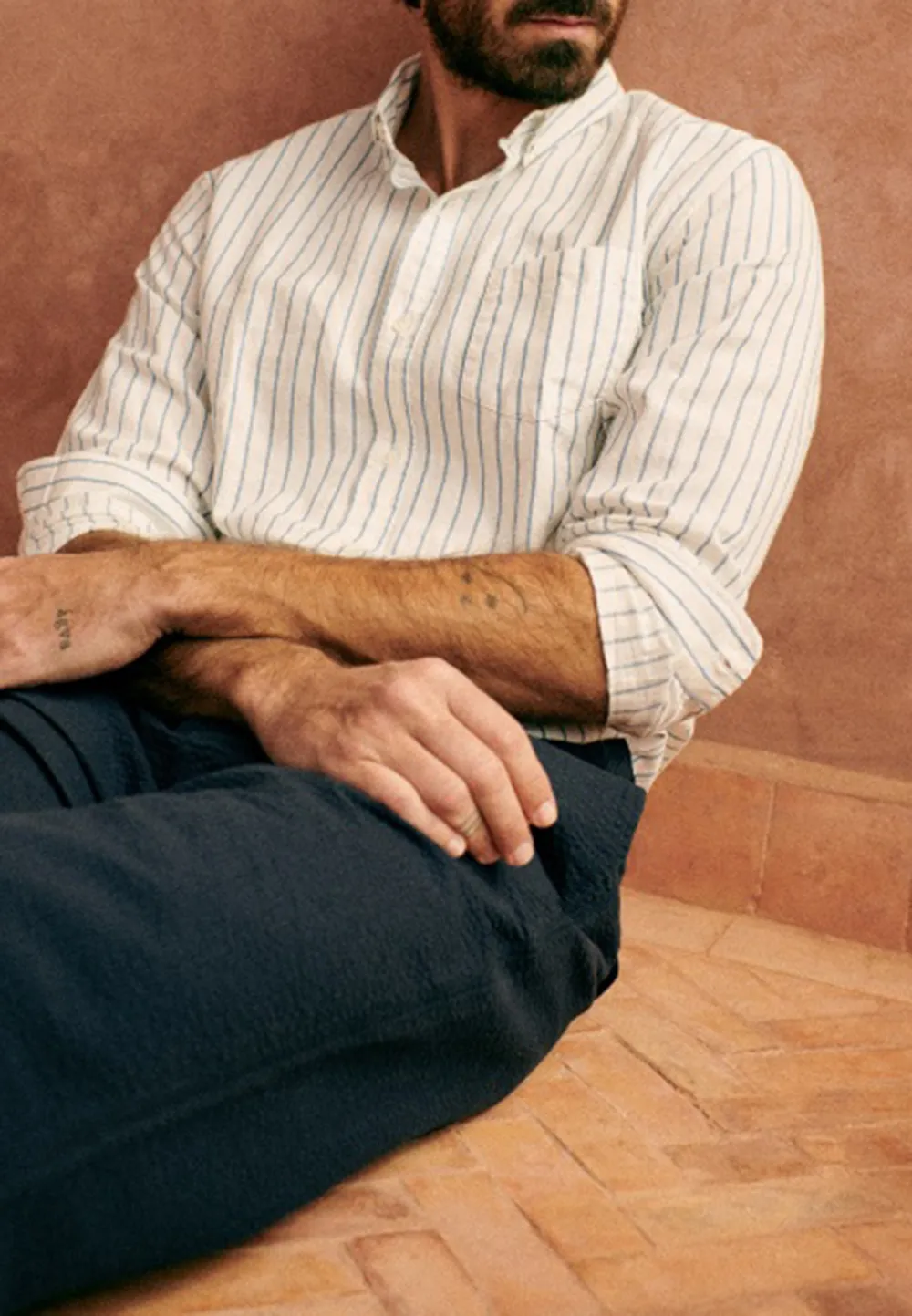 Cotton Linen  Shirt-White Blue Stripes