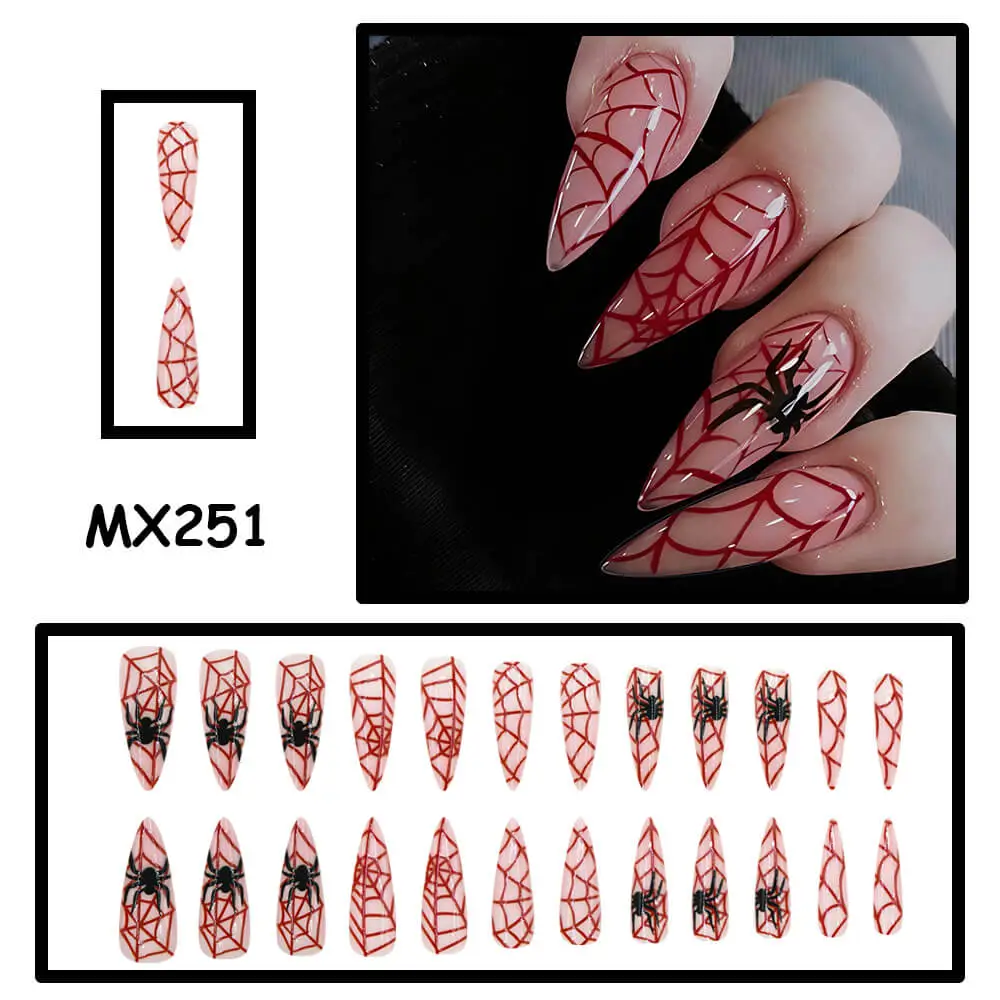 Nailhour 24Pcs Halloween Long Almond Bloody Spiderweb Press On Nails