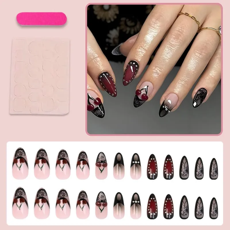 Nailhour 24Pcs Black & Red Gradient 3D Medium Almond French Press On Nails