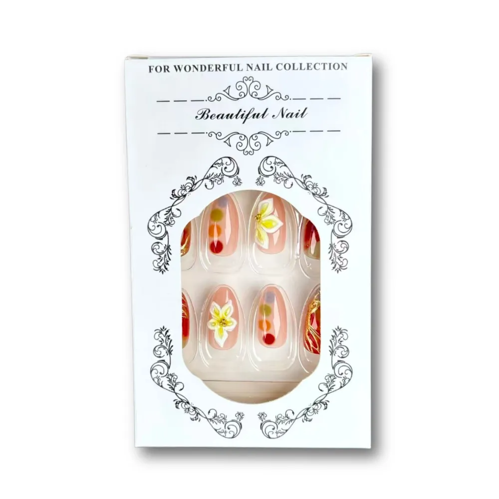 Nailhour 30Pcs 3D Gilded Floral Medium Almond Press On Nails