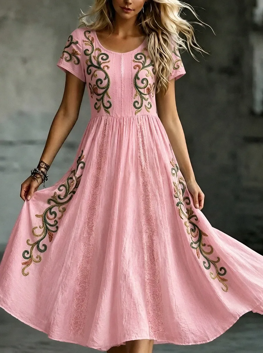 Women's Breast Cancer Awareness Floral Embroidery Printed Dress