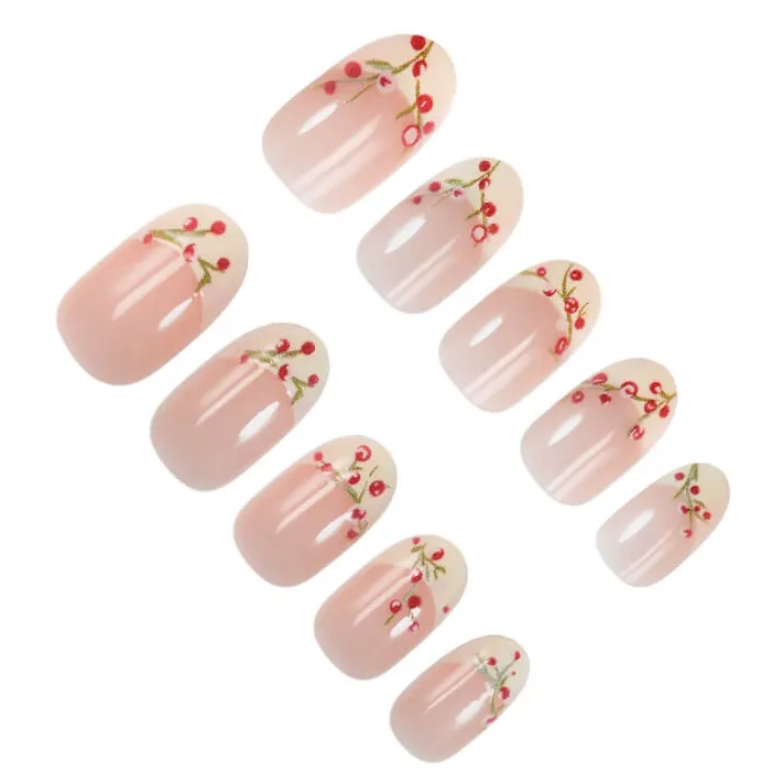 Nailhour 24Pcs French Floral Medium Oval Press On Nails