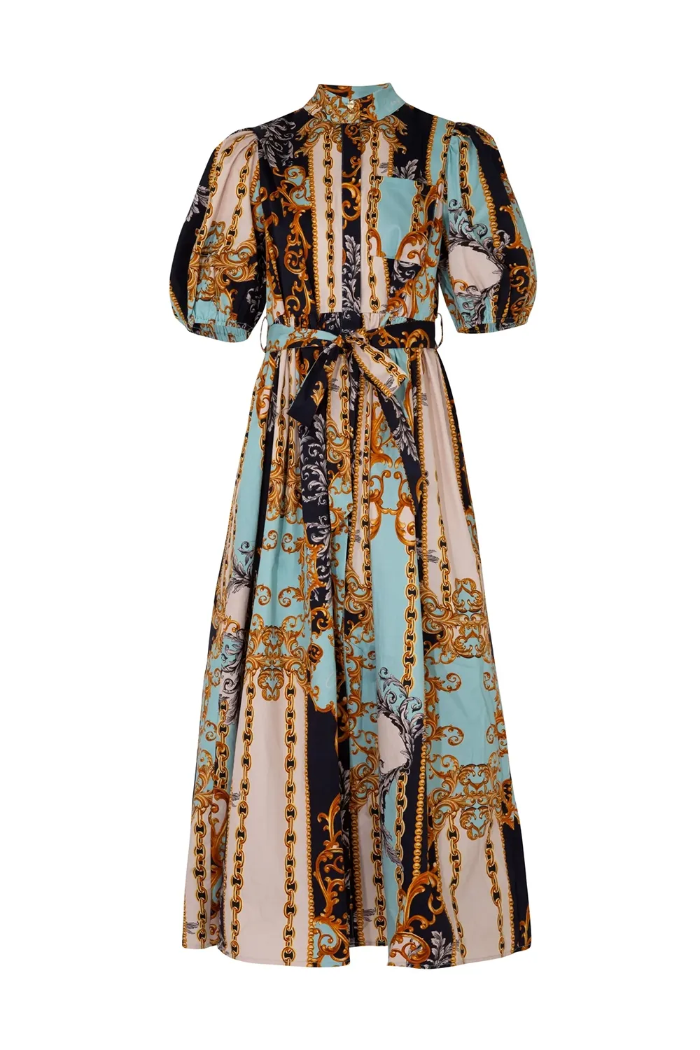 Printed Belted Short - Sleeve Midi Dress