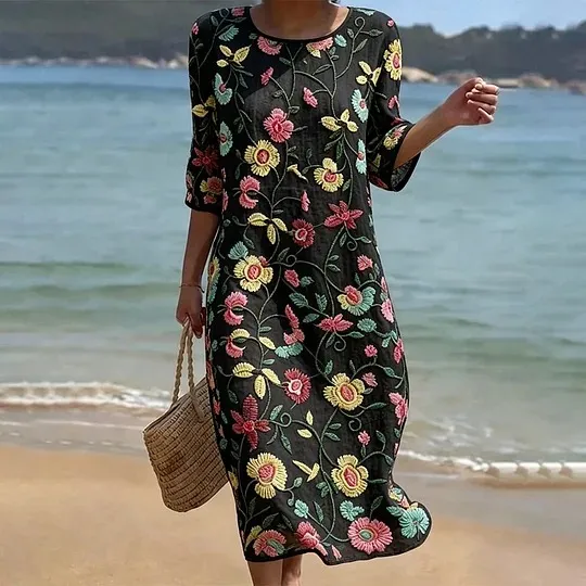 Vintage Floral Art Pattern Linen Blend Loose Three-quarter Sleeve Dress