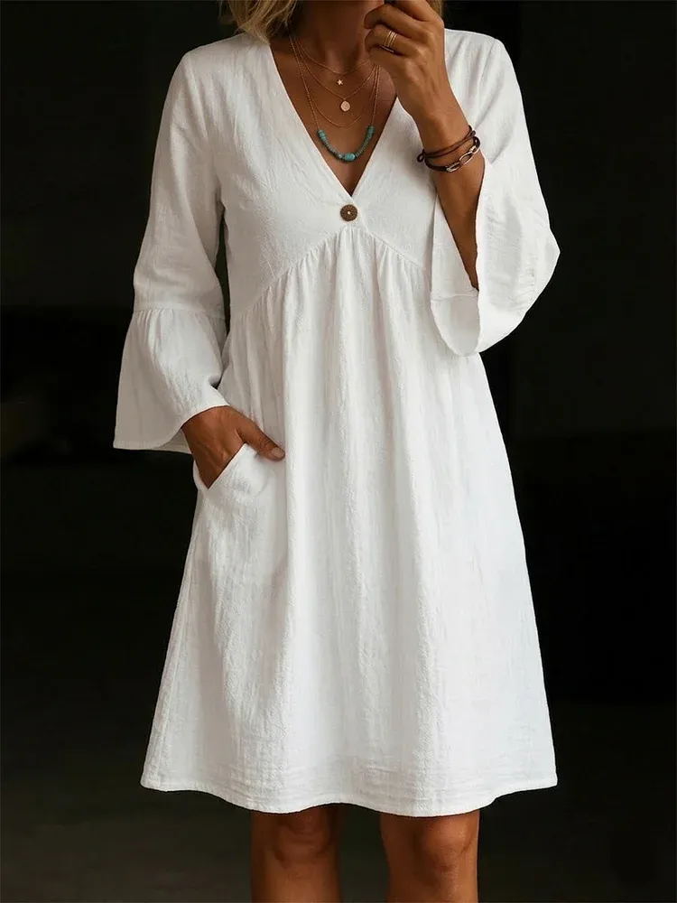 Ladies' Casual Daily Cotton And Linen V-Neck Patchwork Long Sleeved Jumpsuit Half Skirt