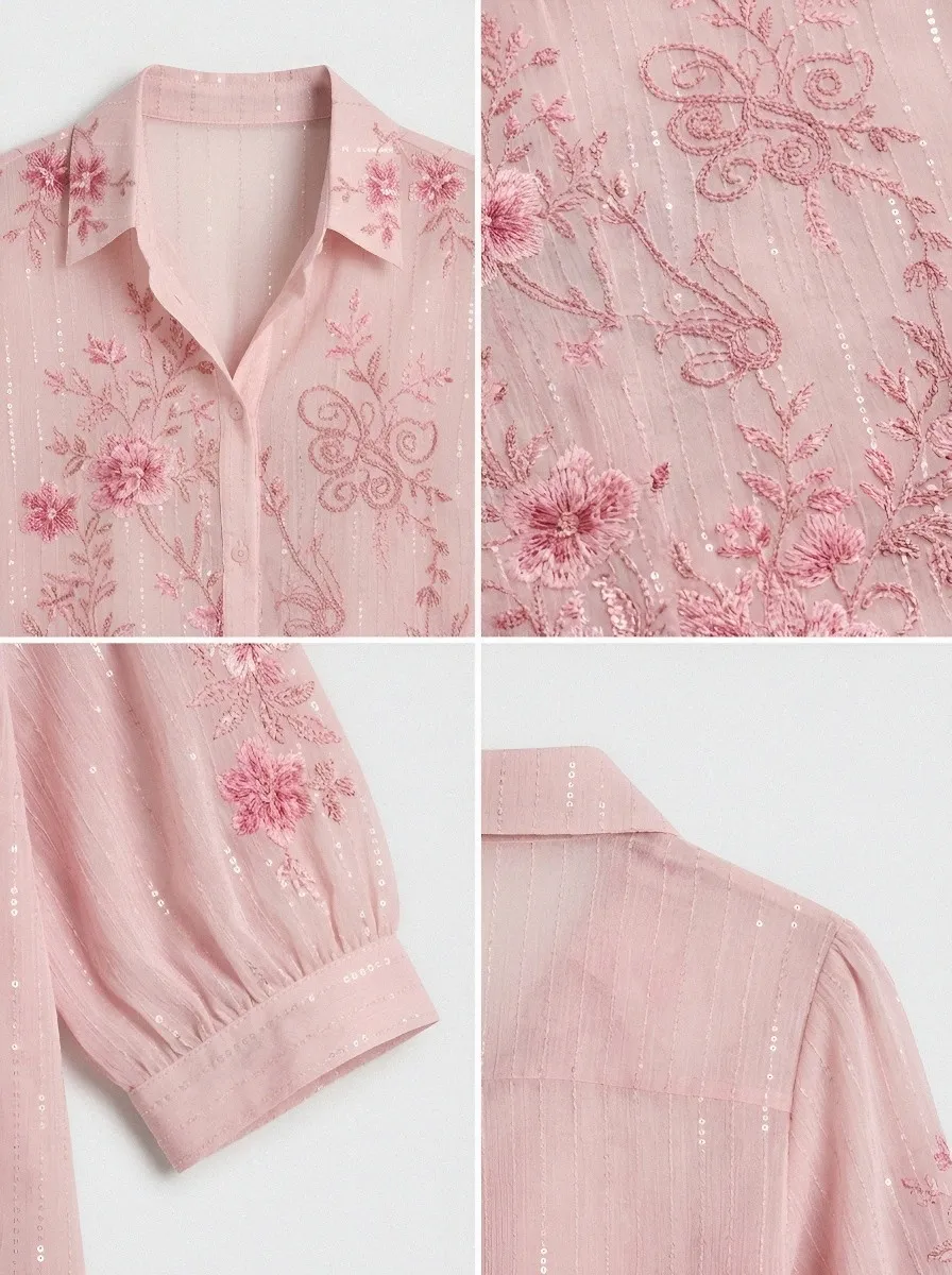 Women's Breast Cancer Awareness Pink Floral Embroidered Printed Shirt
