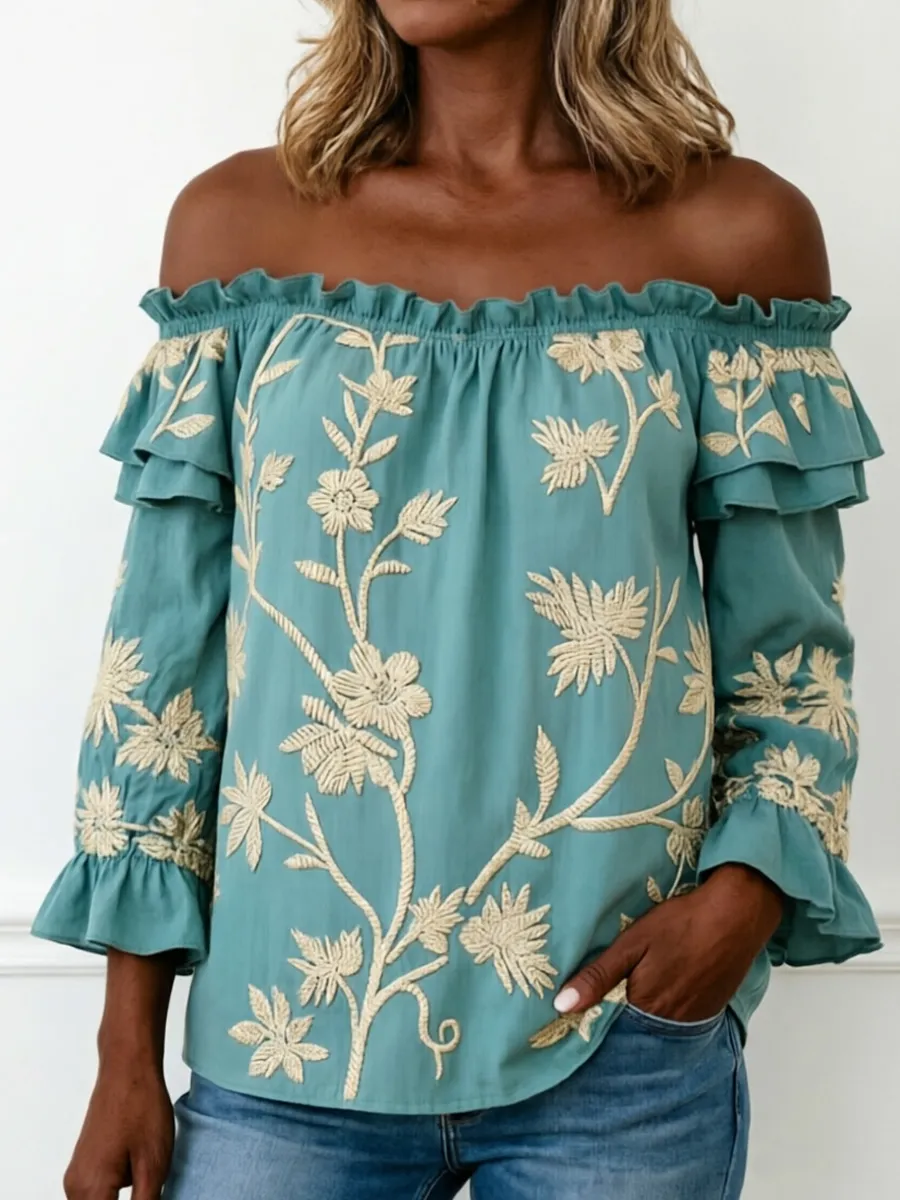 Women'S Retro Cotton Linen Flower Art Printing Top