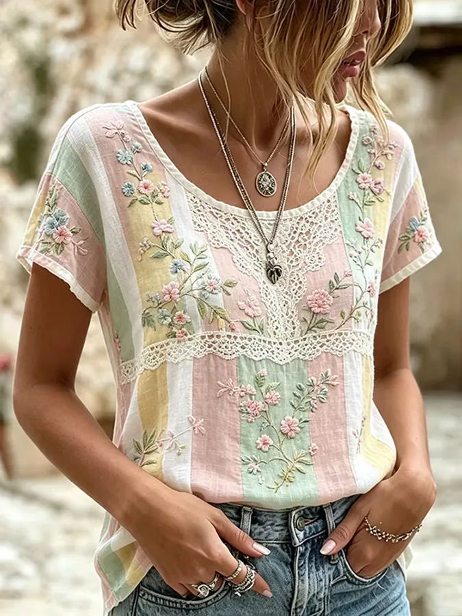 Women's casual floral print cotton and linen round neck top
