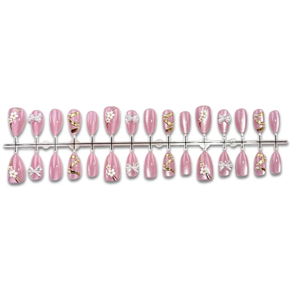 Nailhour 30Pcs Pink Cat Eye Gilded Vintage Short Almond Press On Nails