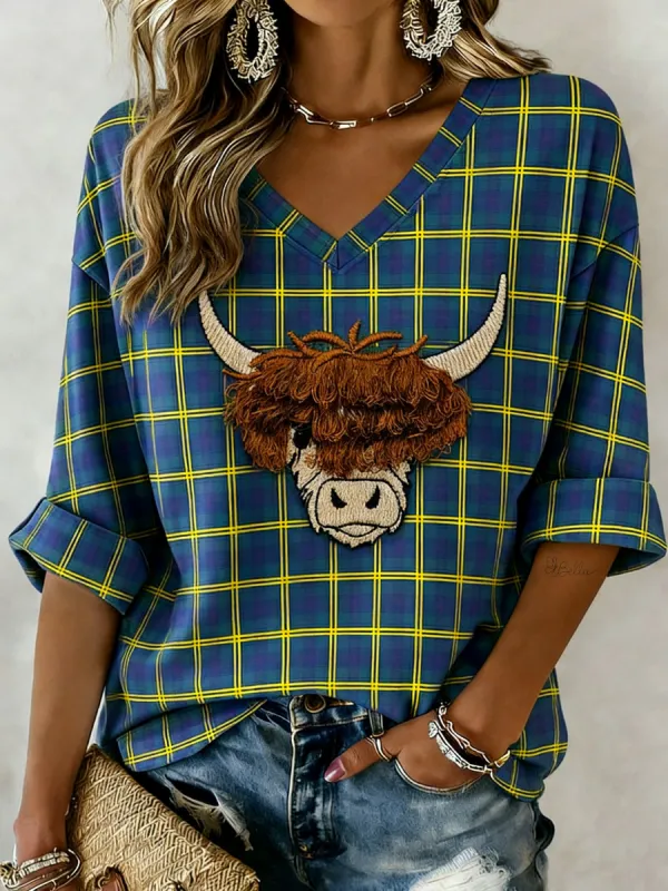 Women's Vintage Scottish Highland Cow Print Top